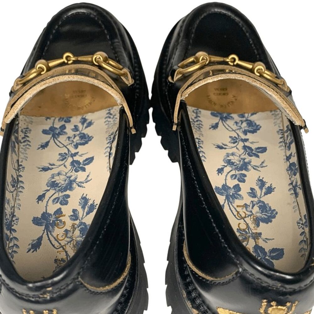 Gucci Black Leather Lug Sole Horsebit Loafers EU 36 Gold Horsebit Bee Embroidery - Picture 10 of 13